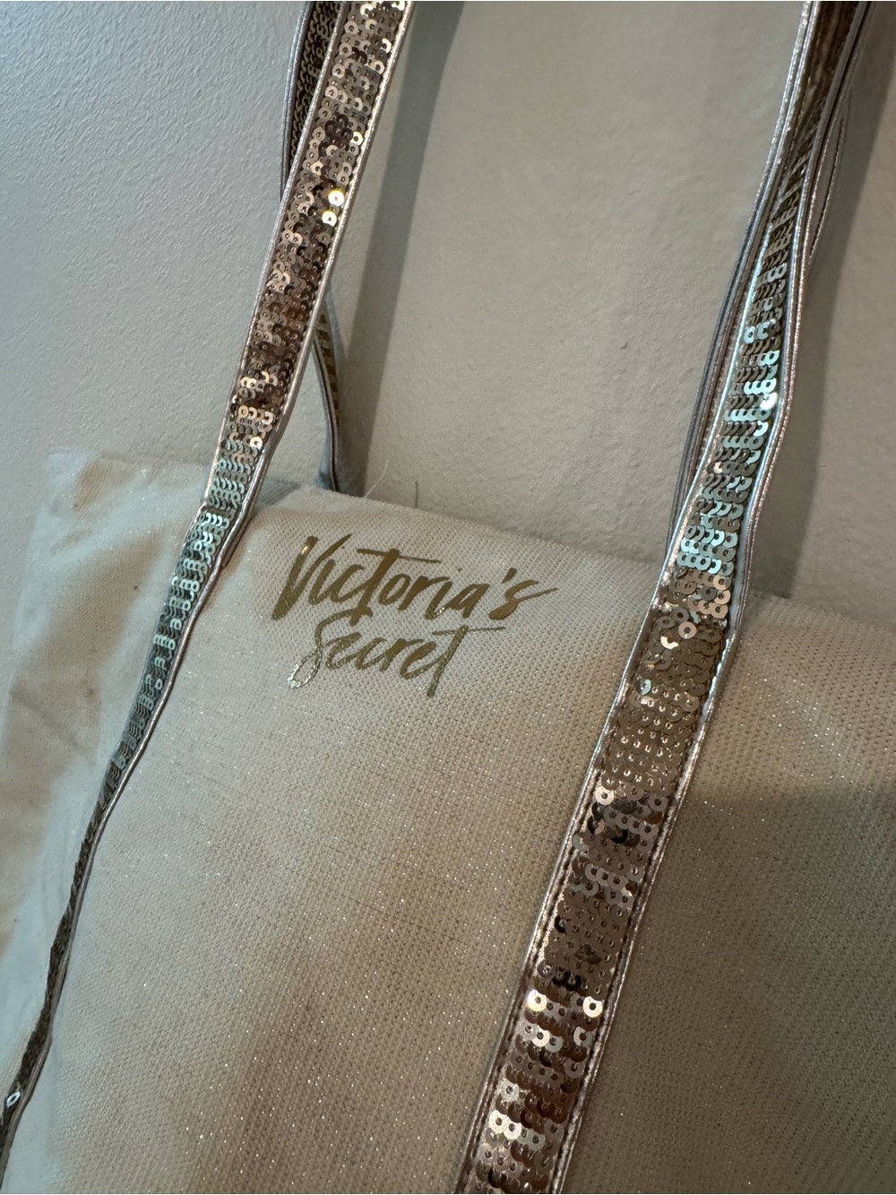 Victoria's Secret Cream Tote with Gold Sequin Straps